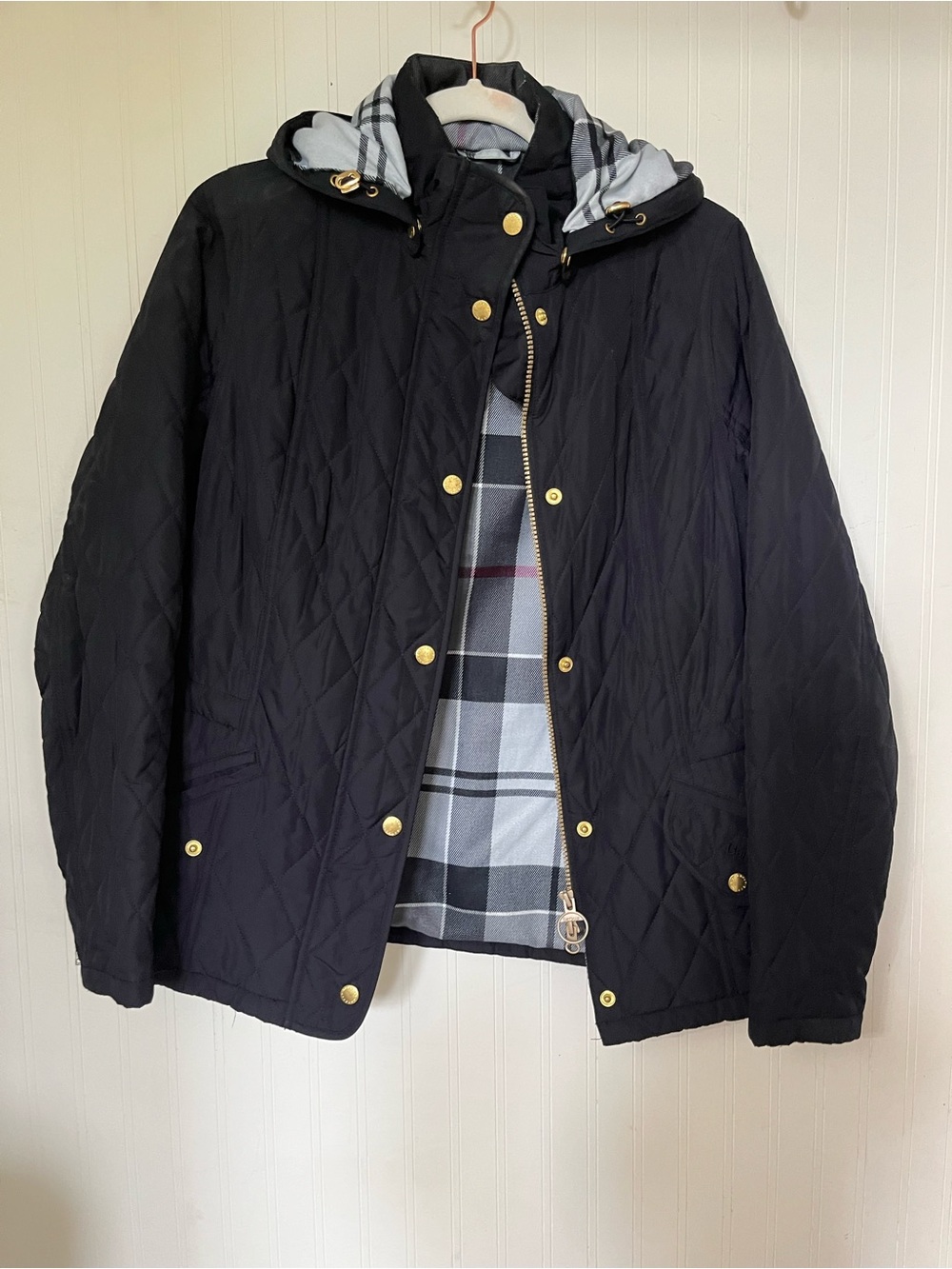 Barbour Black Quilted Hooded Jacket with Plaid Lining